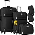 Monzana® 5-Piece Soft Shell Luggage Set | 34L/60L Lightweight Suitcases with Wheels | Telescopic Handles | Cabin Bag | 16L Shoulder Bag & Cosmetic Bags | Click Strap System | Black Travel Trolley