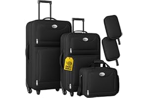 Monzana® 5-Piece Soft Shell Luggage Set | 34L/60L Lightweight Suitcases with Wheels | Telescopic Handles | Cabin Bag | 16L Shoulder Bag & Cosmetic Bags | Click Strap System | Black Travel Trolley