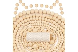 MiuCo 1200Pcs Wooden Beads for Crafting, Natural Wooden Beads 6 Size (8/10/12/14/16/20mm) with 50M Cotton for Macrame Christmas Crafts DIY Garlan Home Decorations