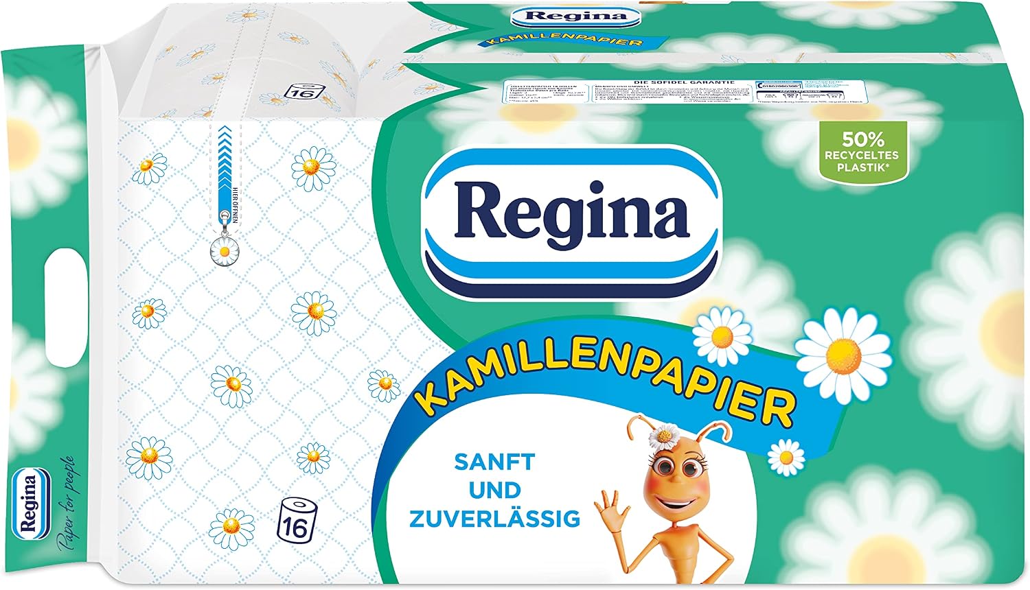 Regina Lot de 16 rouleaux de papier toilette triple épaisseur doux et délicat avec parfum de camomille et papier certifié FSC