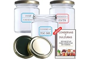 MUNDOTARROS 12 Tarros de Cristal de 250 ml con Tapa de Rosca Hermética + Ebook de 102 Recetas - Tarros para potitos, Conservas, Postres, Mermelada, yogur, salsas - Incluye Etiquetas (Tapas Doradas)