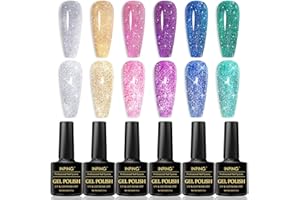 INPING Smalto Semipermante Per Unghie Riflettente, 6 Colori Riflettente Glitter Set Di UV Smalti Per Unghie, Abbagliante Sliver Oro Viola Blu Rosa Verde Gel per Disco DJ 8ml