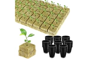 RUIYELE 50 Set Rockwool Grow Cubes with Net Pots, Including 50 Packs lastic Net Pots, 50 Packs Rock Wool Planting Cubes for Hydroponics Garden Tower Supplies, Soilless Planting Seedling Greenhouse