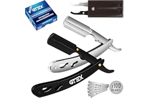 Navaja Afeitar de GTEX - Navaja de Afeitar Hombre Rectas (2 Pack) con 100 GTEX Premium Cuchillas de Afeitar Barbero y Funda de Cuero - Straight Edge Razor Barber