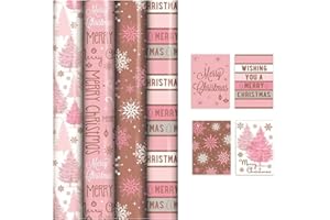 SHOP4ALLSORTS 4 Rolls Of 8M Blush Pink Gift Wrapping Paper - Rose Gold Wrap - Pink Mix Festive Paper - 8M x 70CM With 20 Matching Festive Tags Ideal For The festive Season