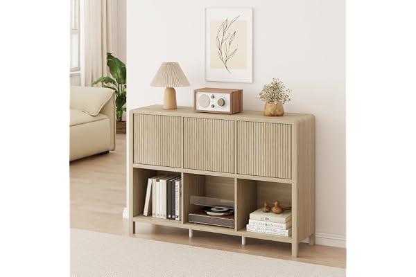 [en.casa] Byrå med 3 dörrar, flexibelt monteringssystem med Push-to-Open, 6 rymliga förvaringsfack, tidlös, stabil, för vardagsrum, sovrum, kontor, entré, MDF 77 x 110 x 30 cm, ekeffekt