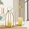 Perfnique Modern Farmhouse Lantern Decor, 15'' 12.6'' Set of 2 Gold Metal Lanterns, 2 LED 6hr Timer Flickering Flameless Candles, Lanterns Decorative for Outdoor, Porch, Fireplace, Patio (Gold)