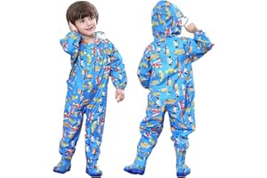 TURMIN 3D Girls Boys Raincoat Kids Puddle Suits All in One Waterproof Baby Hooded Overall Rainsuit Unisex Muddy Suit Rainwear Poncho PVC Transparent Hat Brim 1-10 Years