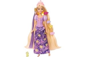 Mattel Disney Princess Rapunzel Modepuppe mit leuchtendem Haar und 4 weiteren Leuchtmöglichkeiten, Pascal-Figur und 7 Styling-Zubehörteilen, inspiriert vom Film Rapunzel Neu verföhnt, JHL46