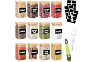 YUTUY Set di 12 Barattoli Vetro,280ml Barattoli di Vetro,Barattoli Cucina con Coperchio di Bambù,con adesivi,spazzola a tazza, barattolo quadrato per spezie,caffè,cereali