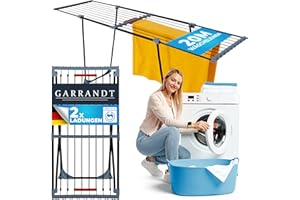 Garrandt® Wäscheständer ausziehbar – XXL 20 m Trockenfläche, platzsparender Standtrockner [Made in EU], stabil & schwarz mit Klemmen für kleine Wäsche