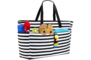 ISEYOU Extra Large Beach Bag, Waterproof Beach Bags with Zip, Lightweight Foldable Beach Tote Bags, Large Capacity Multi-Pocket Beach Bags for Women, Perfect for Pool Shopping Travel Vacation Gym