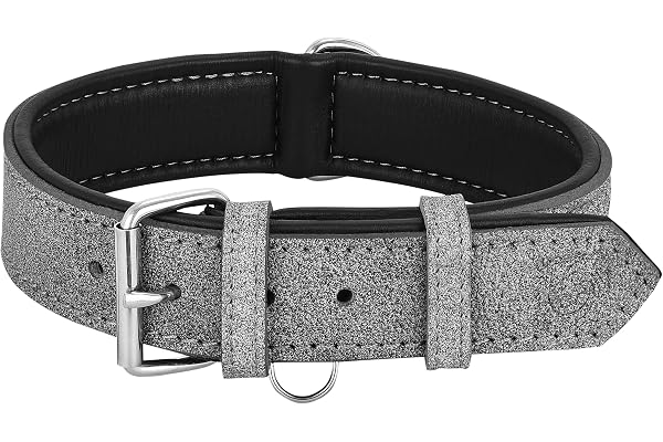 Riparo K-9 Collier pour Chien Robuste rembourré et réglable en Cuir véritable (Gris/Noir, L: 3,8 cm de Large pour 45,7 cm - 53,3 cm de Cou)