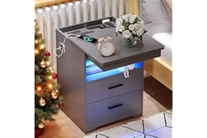 FREDEES Bedside Table with Hidden Drawer, Bedside Cabinet with Charging Station, LED Nightstand with 3 Color Lights, Human Sensor Design End Side Table, Grey