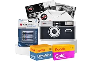 35mm Film Camera Bundle with AgfaPhoto 35mm Reusable Film Camera, Camera Film Kodak Ultramax 400 36exp, Kodak Gold 200 36exp, Battery and Clikoze Lens Cloth with Camera Photography Tips Card (Black)