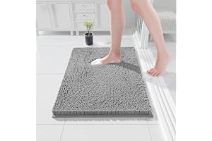 COMPOLICY Light Grey Bath Mat, Super Absorbent Bathroom Mat, Machine Washable Non, Slip Anti Mould, Shower Mats with 40 x 60CM, 1'' Chenille Microfiber Material for Bath Kitchen Living Room Door Mats