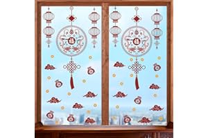 KAIRNE Chinese New Year Window Sticker Dragon Year Stickers,Paper-Cut Flowers Fireworks Lantern Chinese Knot Stickers New Year Window Stickers Wall Decal for Year 2024 Window Clings Living Room Decor