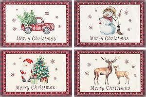 AFXXE Tovagliette Natalizie Classici ad Acquerello, Sottopiatti in 4 Motivi Diversi, Stoffa Cotone Lavabili, Tovagliette Americane 30x45cm