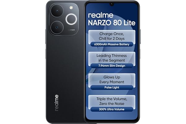 realme NARZO 80 Lite 4G (Obsidian Black 2026, 4GB+64GB) | 6300mAh Segment's Biggest Battery | 7.94mm Slim Design | 300% Ultra