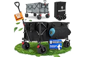 HAINBAUR® Bollerwagen Faltbar mit Seitentasche [NEU 2024] XXL Handwagen 220L 80KG, Breite Gelände Reifen mit Bremsen, Kein Aufbau, Strandwagen Gartenwagen Festival Ausflug mit Kinder - Farbe wählen