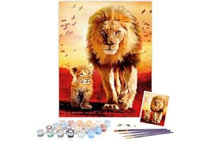 TAHEAT DIY Oil Painting by Numbers Animals, Canvas Oil Painting Lion Father and Son for Adults and Drawing Beginner Painting by Numbers with Brushes Without Frame 16 x 20 Inches