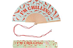 Fisura – Ventaglio in legno moderno con messaggio “I’m chilling”. Accessorio fresco e colorato, ventaglio a mano blu e rosso con gancio pratico. Dimensioni: 42,5 x 23 cm
