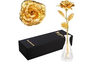 miomido 24k Gold Rose, ewige Rose, handgefertigt, vergoldet, konservierte Rose Blume - mit Geschenkbox und Echtheitszertifikat - Geschenkidee Freundin Frau (L: Schwarze Verpackung + Vase)