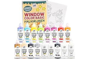 LM-KREATIV LM Window Color Set (17 x 80 ml Basic inkl. Konturfarbe & Malvorlagen) - Abziehbare Fenstermalfarbe/Stickerfarbe auf Wasserbasis für glatte Oberflächen wie Glas, Spiegel und Fliesen