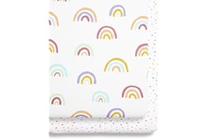 SNUZ 2 Pack Crib Fitted Sheets 44 x 80cm – Rainbow Design – Light, Breathable & Luxurious Jersey Cotton Made To Last & Designed To Fit SnüzPod Bedside Cribs