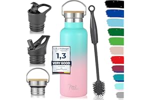 Milu Botella de Agua, 500ml, 750ml, 1000ml (+3 Tapas) - Acero Inoxidable, Libre BPA, Para Bebidas Calientes, Frías y Carbonatadas (Rosa Menta, 500ml)