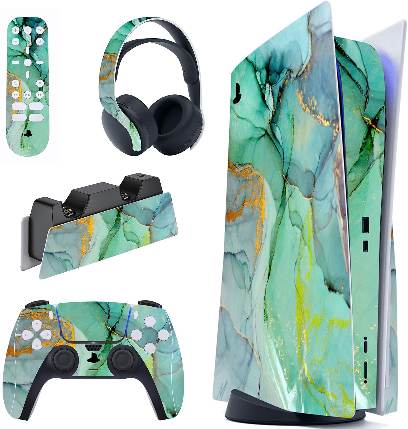 playvital Turquoise Marble Effect Full Set Skin Decal for ps5 Console Disc Edition,Sticker Vinyl Decal Cover for ps5 Controller & Charging Station & Headset & Media Remote