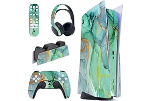 PlayVital Skin für ps5 Konsole Regular Edition,Aufkleber Vinyl-Skin Stickers Schutzfolie Folie für PS5 Konsole,Controller,Ladestation, Headset,Medienfernbedienung-Türkis Marmor Optik