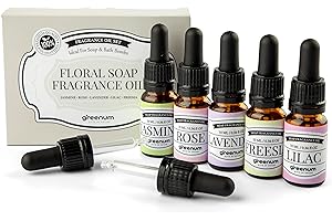 GREENUM GIFTS OF NATURE Profumi di Sapone, Olio profumato per Sapone, Profumo Gelsomino, Rosa, Lavanda, Lilla e Fresia, Oli profumati per la Produzione di Sapone, 5 x 10 ml profumi di Sapone in Bottiglie di Vetro