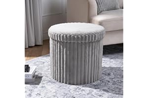 OHS Storage Ottoman Box Round, Grey Ribbed Round Ottoman Footstool with Lid Space Saving Organising Box for Livingroom Bedroom Footrest with Hidden Storage