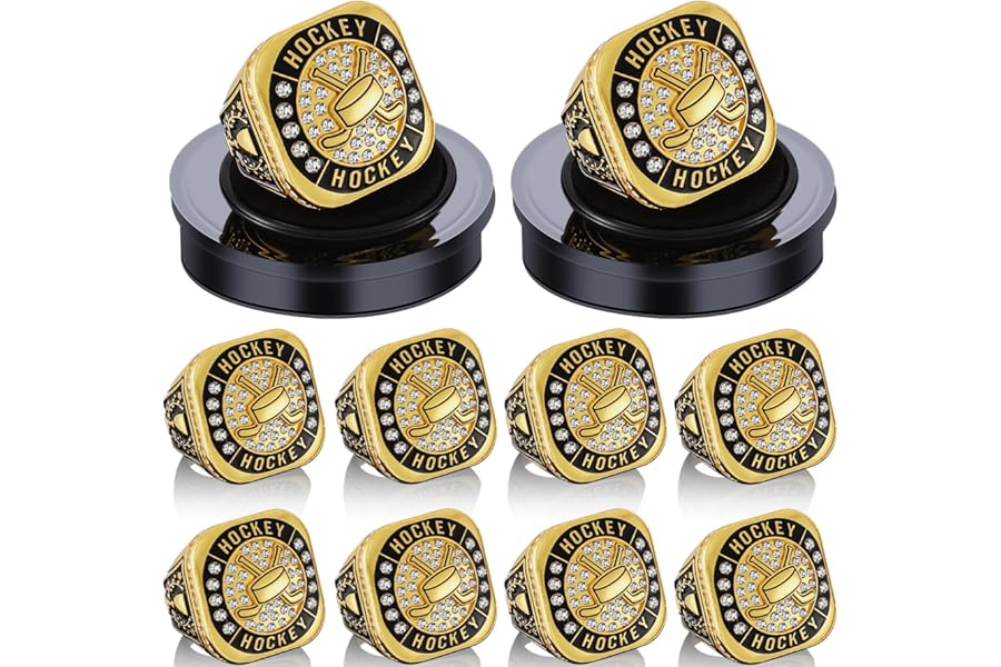 Highergo 10 Pcs Hockey Basketball Baseball MVP Dancer Champion Trophy Ring with Display Stand Star Football Soccer Volleyball Golf Softball Cheerleading Bowling Track Field