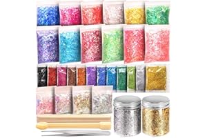 Leobro Lot de 41 accessoires de décoration en résine époxy avec poudre de paillettes, paillettes, flocons de feuille d'or, coquillages, bricolage, cuillère, pince, nail art, slime