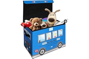 MISHMASH Foldable Kids Toy Storage Box With Lid – Collapsible Fabric Storage Box – School Bus Design – For Children/Toddler/Baby – Multipurpose Storage Chest For Toys, Books, Games (Blue)