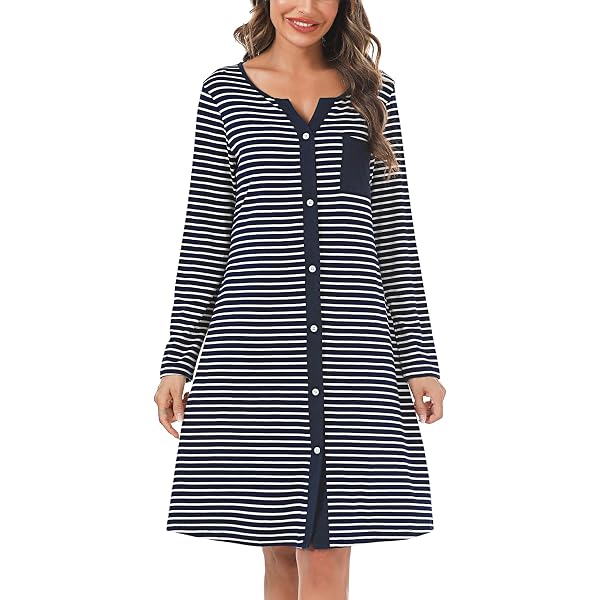 Litherday Chemise De Nuit Femme Coton Manches Courtes – Boutons Devant, Dentelle, Poches, Allaitement