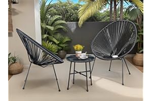 BUYEREMPIRE Outdoor Patio Furniture Set: String Patio Egg Chairs with Glass Top Round Coffee Table and Sofa - Perfect for Relaxing Outdoors! (Black)