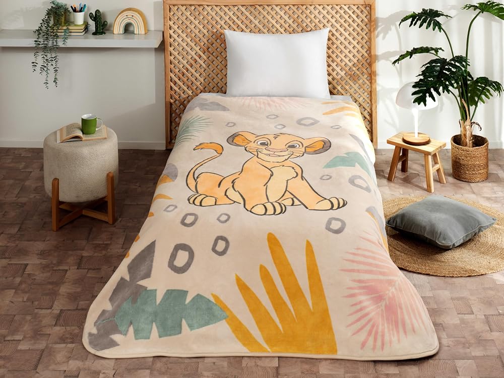 TAÇ Disney Lion King Çizgi Film Karakteri Pamuk-Polyester Karışım Battaniye, Turuncu, Kremrengi, Sarı, Tek Kişilik