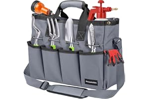 Housolution Garten Werkzeugtasche, 35 x 14 x 28 cm Tragbar Gartentasche Wasserdicht Aufbewahrungstasche mit mehreren Taschen und verstellbarem Schultergurt Werkzeugbeutel für Garten Haus Garage, Grau