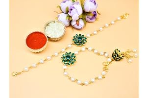 Jaipur Ace Pearl Crafted Bhaiya Bhabhi Rakhi Set for Brother, Rakhi for Bhai and Bhabhi with Roli & Chawal (Green)