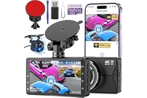 SSONTONG Dash Cam Front and Rear, 4K Dash Cam WiFi/APP Control Dashcam W/ 64GB Card Car Camera Dash Cams DVR Dashboard Dash Camera for Cars W/Loop Recording G-sensor Time-Lapse Parking Mode, USB Powered
