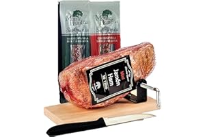 MEDITERRANEAN TREE Jamon Deshuesado Serrano Mini 1kg aprox. - Curado y envasado al vacio + Piezas de Chorizo y Salchichon Iberico de Bellota de 150 gr. + Jamonero y Cuchillo de Corte + Ideal para Picar