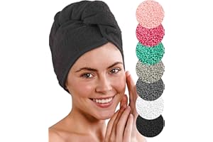 LAYNENBURG Asciugamano Turbante Deluxe con Bottone per Capelli Corti e Lunghi - Spugna di Cotone - 4 Lacci per Capelli Gratis - Asciugatura Rapida e asciugacapelli Super Assorbente (Nero)