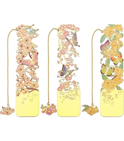 12 Pcs Metal Butterfly Bookmarks With Chain - Van Gogh/Monet Oil Painting Theme, Hollow Design