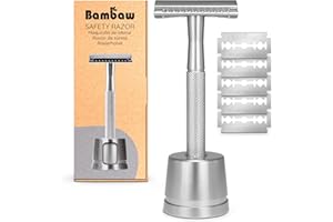 Rasoio metallo Con Supporto| Rasoio di sicurezza con 5 lamette per rasoio di sicurezza | barba Rasoio vintage donna | Rasoio corpo | Rasoio monolama per rasatura | Safety razor | Plastic free | Bambaw