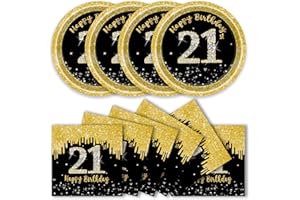 DHAIQC 50 Pcs 21st Birthday Paper Plates and Napkins Party Supplies, Black Gold 21th Party Plates and Napkins Tableware Set for Men Women Anniversary 21st Birthday Decorations