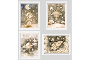 ORIGINALYS Lot de 4 Affiches, Astronaute, Fusée, OVNI et Planètes. L'espace, Pour chambre d'enfants, garçon, fille ou bébé, une idée de cadeau de naissance, aniversaire, Déco murale. A4 (Sans cadre) (Beige)