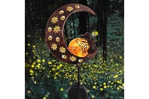 TERESA'S COLLECTIONS Large Garden Ornaments Outdoor, Gifts for Christmas, Metal Fairy Sitting on Moon Solar Lights Outdoor Garden, Solar Stake Lights with Crackle Glass Ball for Lawn, Path, 40inch